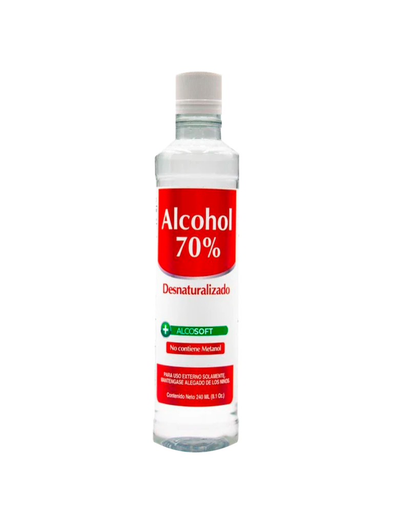 Alcohol Desnaturalizado 70%  ALCOSOFT Botella con Tapa Rosca 8 oz 240 mL 