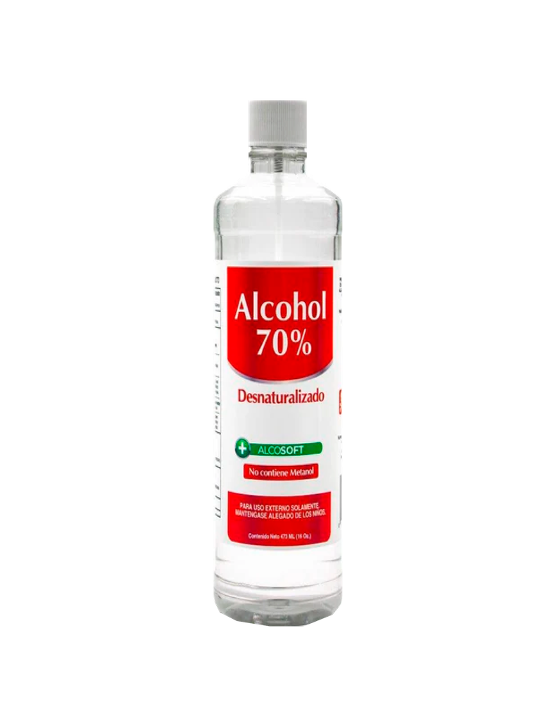 Alcohol Desnaturalizado 70%.  ALCOSOFT Botella con tapa rosca 16 oz 473 mL